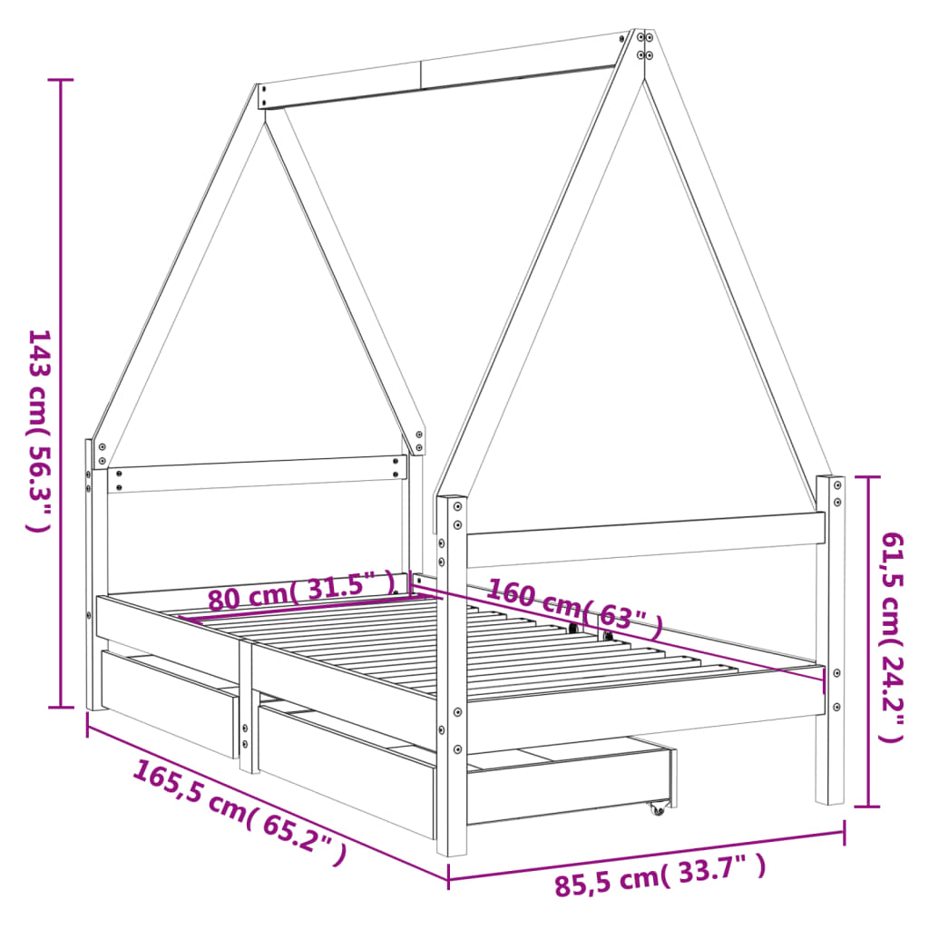 Kinderbedframe met lades 80x160 cm massief grenenhout wit