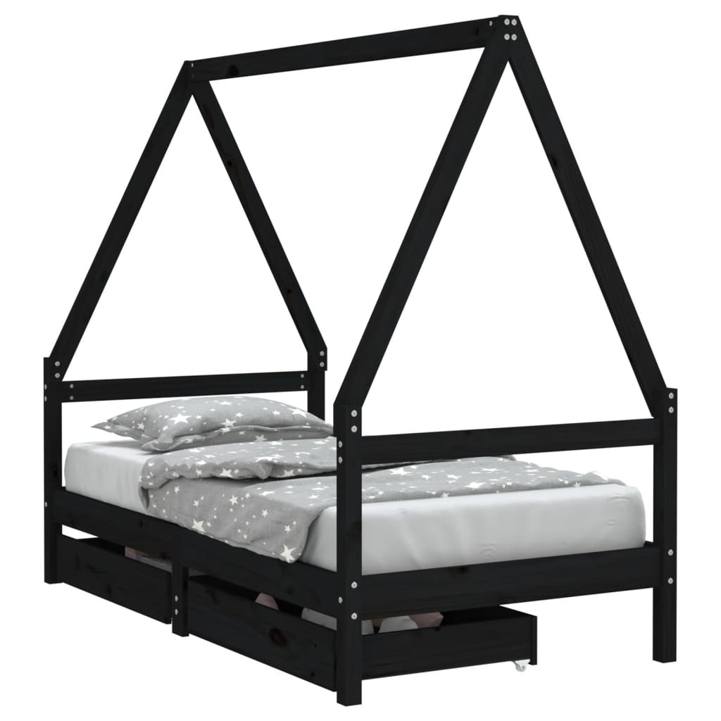 Kinderbedframe met lades 80x160 cm massief grenenhout zwart