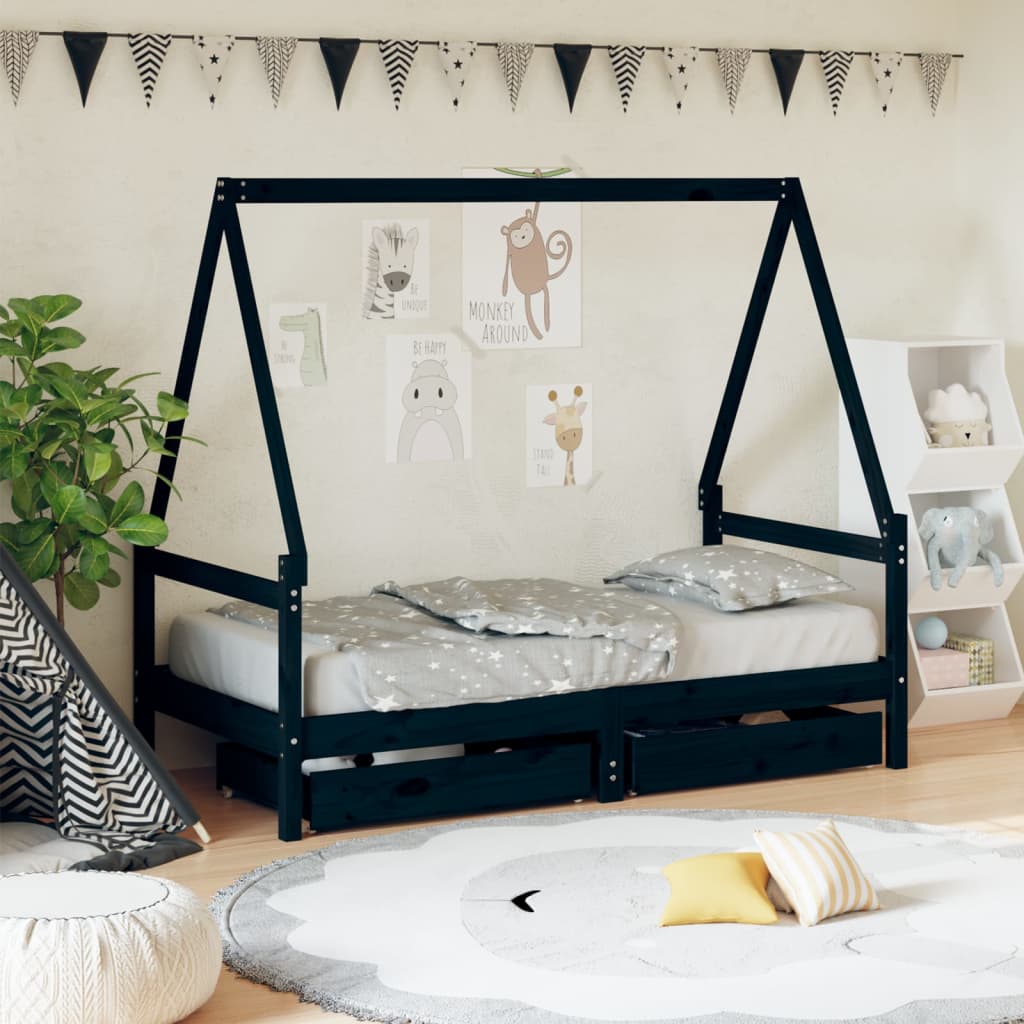 Kinderbedframe met lades 80x160 cm massief grenenhout zwart