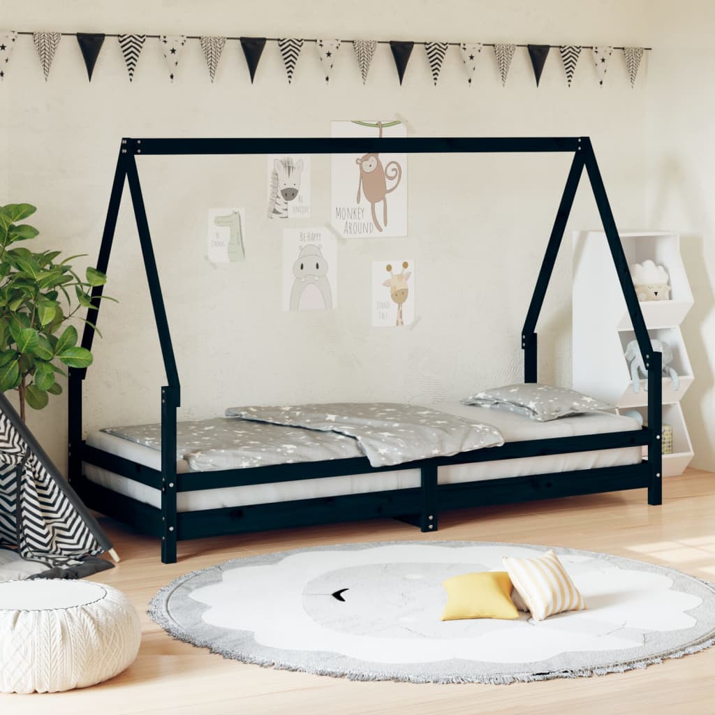 Kinderbedframe 90x200 cm massief grenenhout zwart