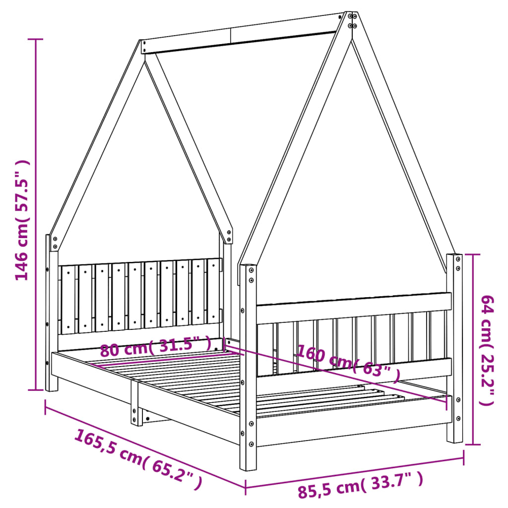 Kinderbedframe 80x160 cm massief grenenhout zwart