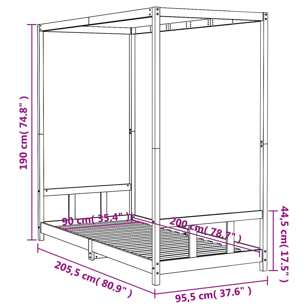 Kinderbedframe 90x200 cm massief grenenhout zwart