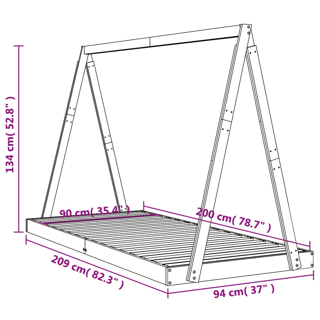 Kinderbedframe 90x200 cm massief grenenhout zwart