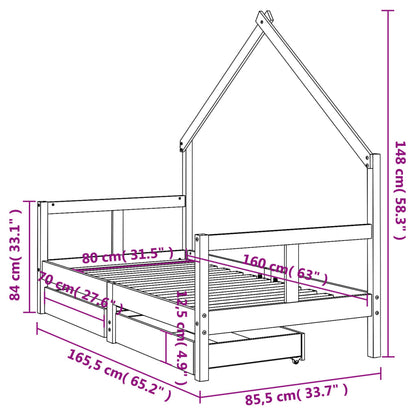 Kinderbedframe met lades 80x160 cm massief grenenhout wit