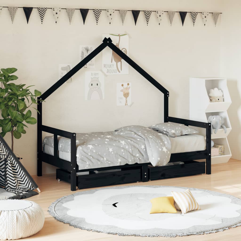 Kinderbedframe met lades 80x160 cm massief grenenhout zwart