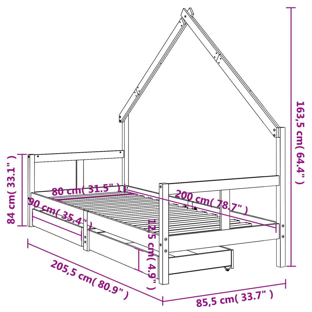 Kinderbedframe met lades 80x200 cm massief grenenhout