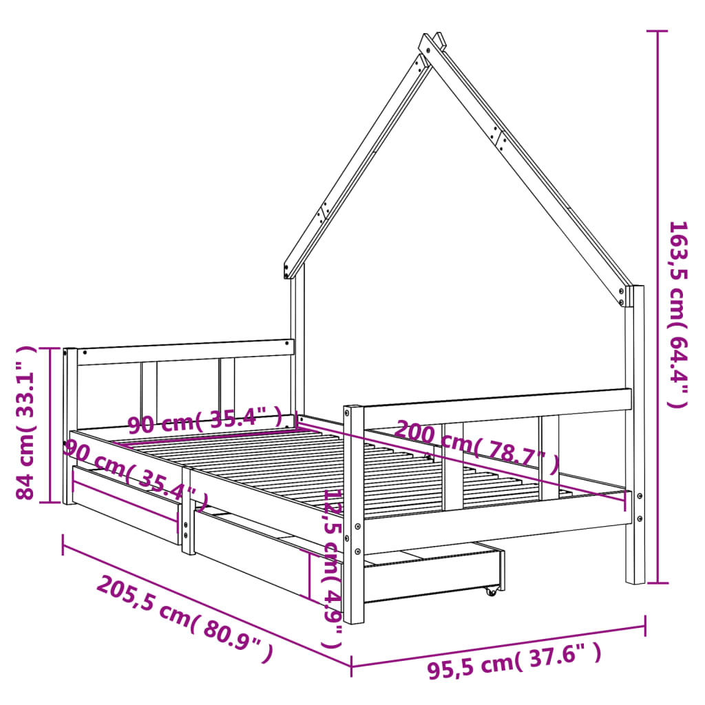 Kinderbedframe met lades 90x200 cm massief grenenhout zwart