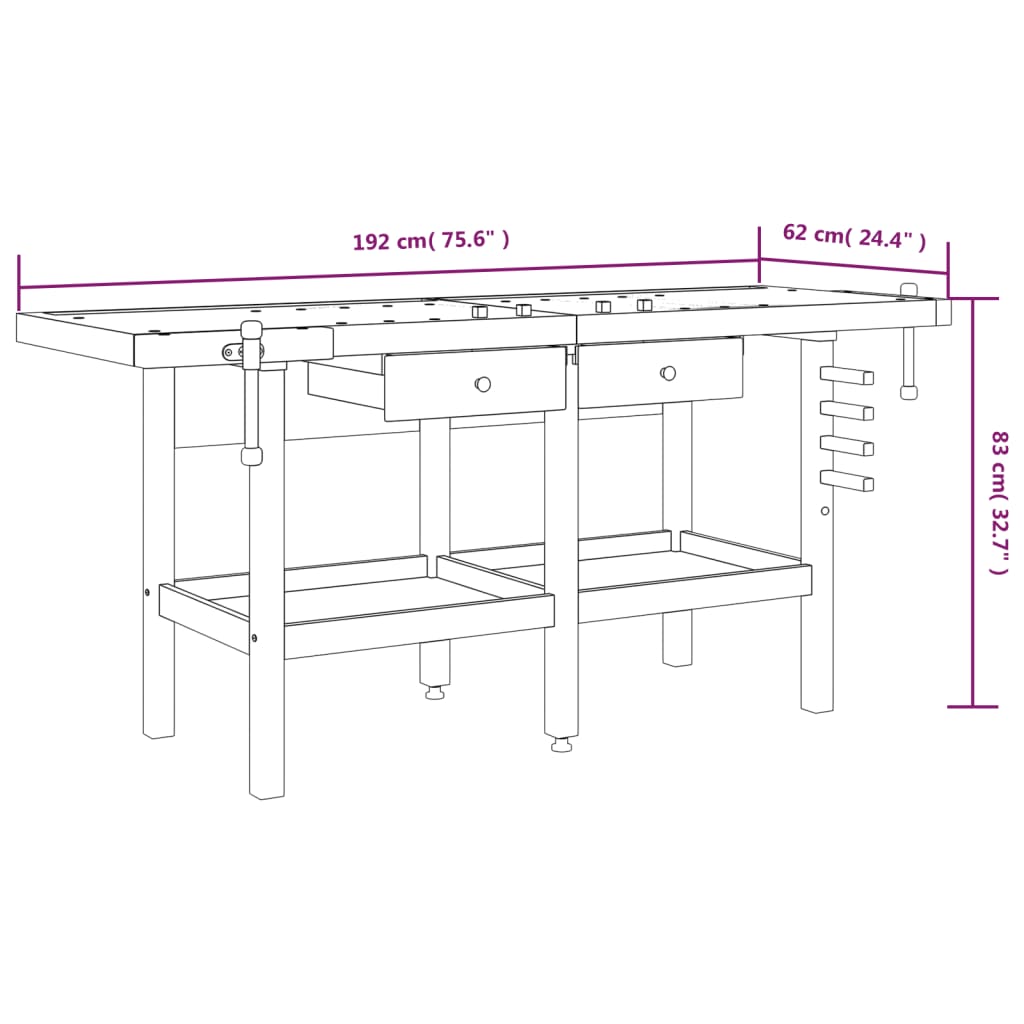 Werkbank met lades en bankschroeven 192x62x83 cm acaciahout