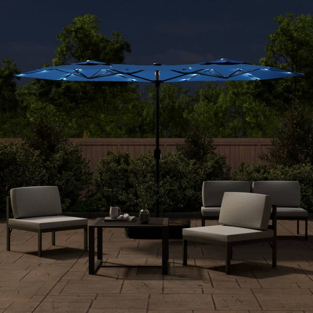 Parasol dubbel met LED's 316x240 cm azuurblauw