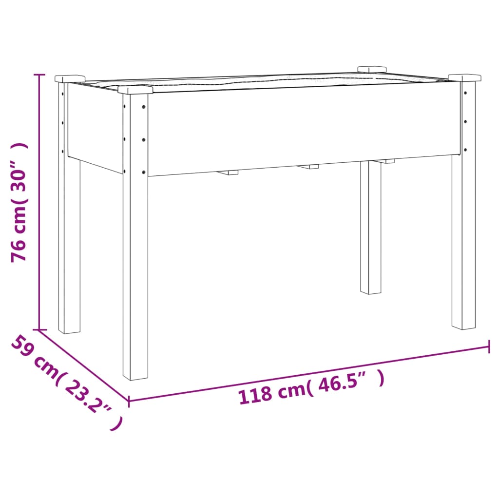 Plantenbak met voering 118x59x76 cm massief vurenhout bruin