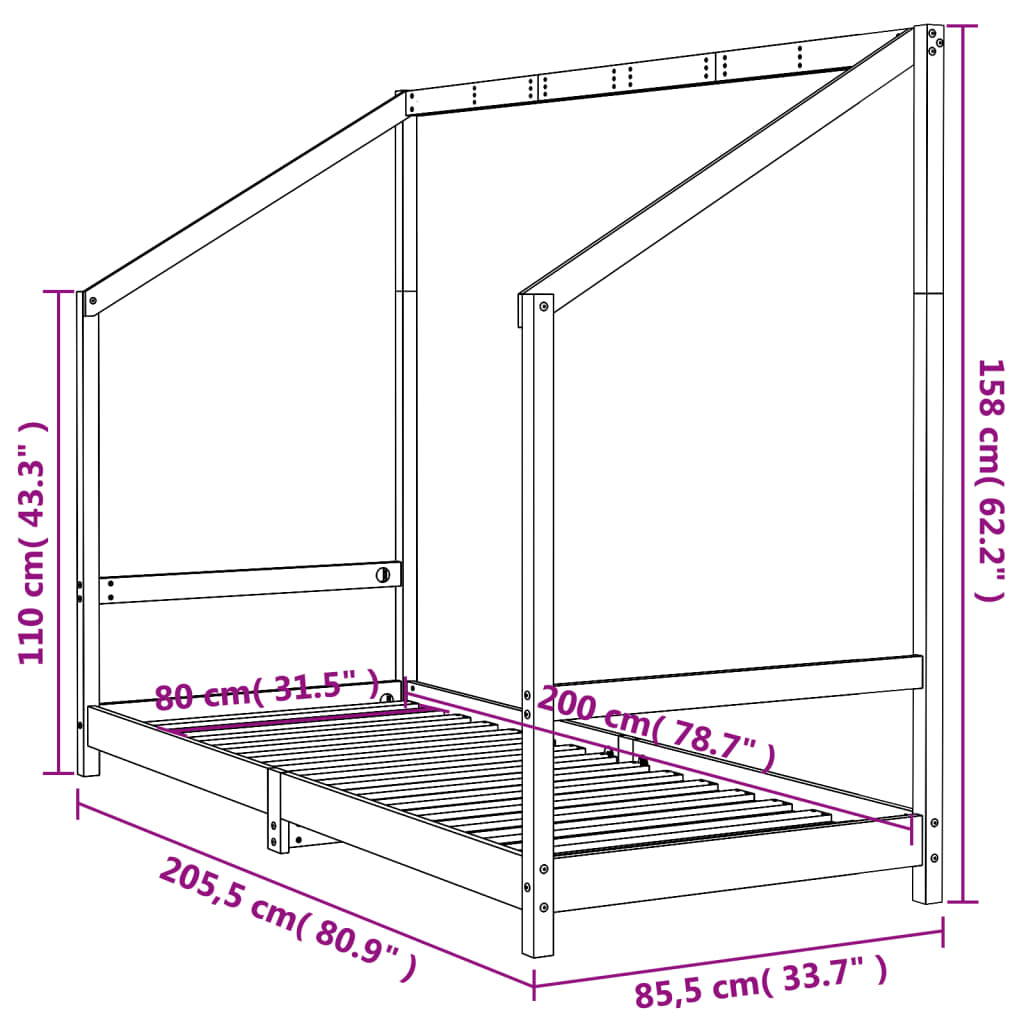 Kinderbedframe 80x200 cm massief grenenhout zwart