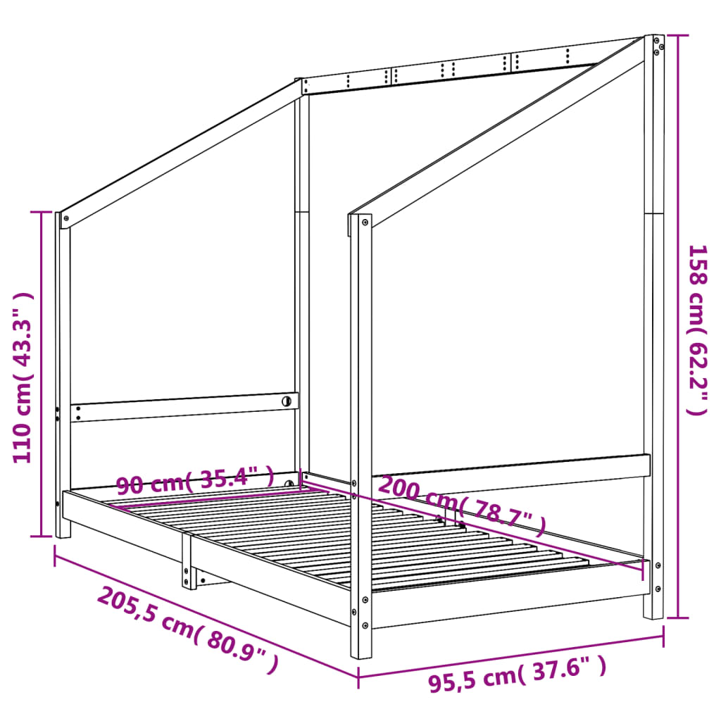 Kinderbedframe 90x200 cm massief grenenhout wit