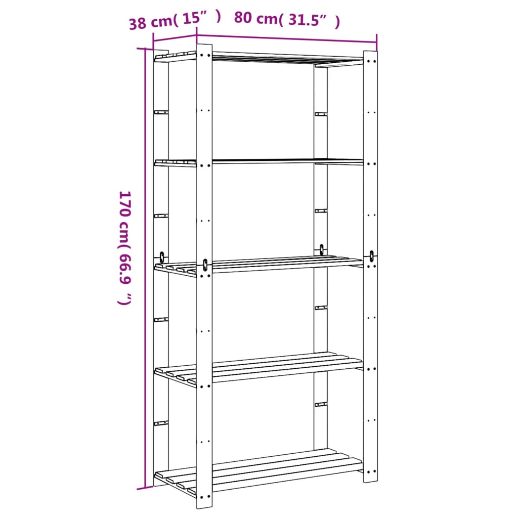 Opbergrek 5-laags 80x38x170 cm massief grenenhout bruin