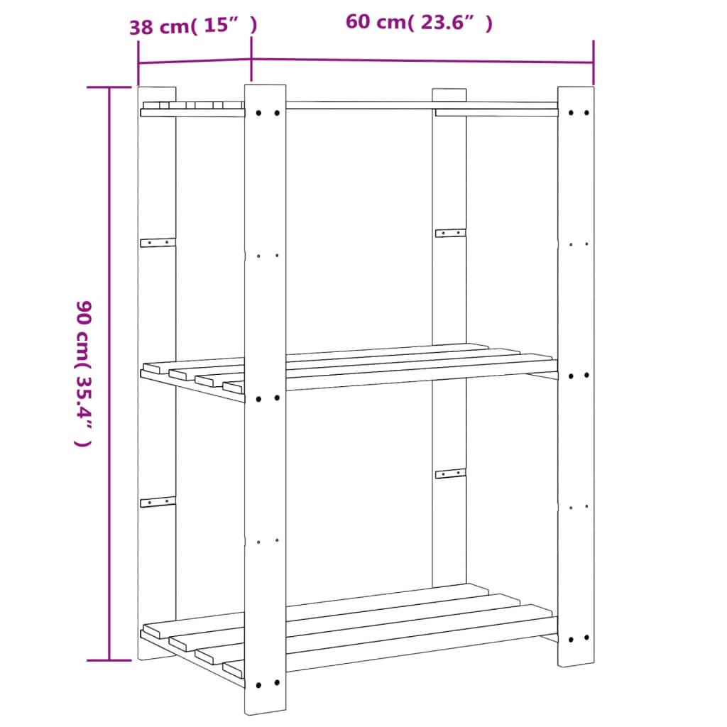 Opbergrek 3-laags 60x38x90 cm massief grenenhout bruin