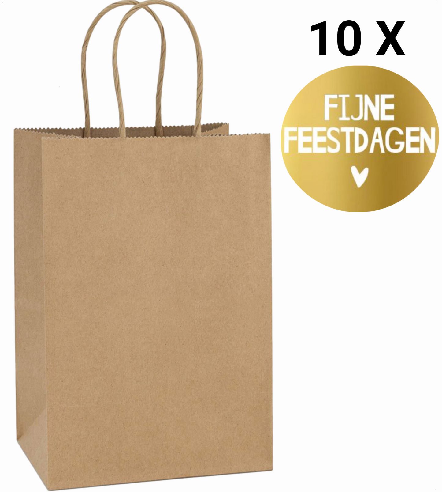 HGN papieren tasjes 10 stuks en 10 goudkleurige stickers met tekst "Fijne Feestdagen"-18x8x22 cm-Ideaal voor de kerst