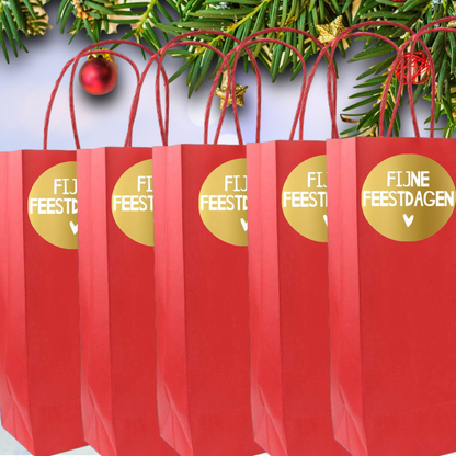 HGN papieren tasjes 50 stuks en 50 goudkleurige stickers met tekst "Fijne Feestdagen"-18x8x22 cm-Ideaal voor de kerst