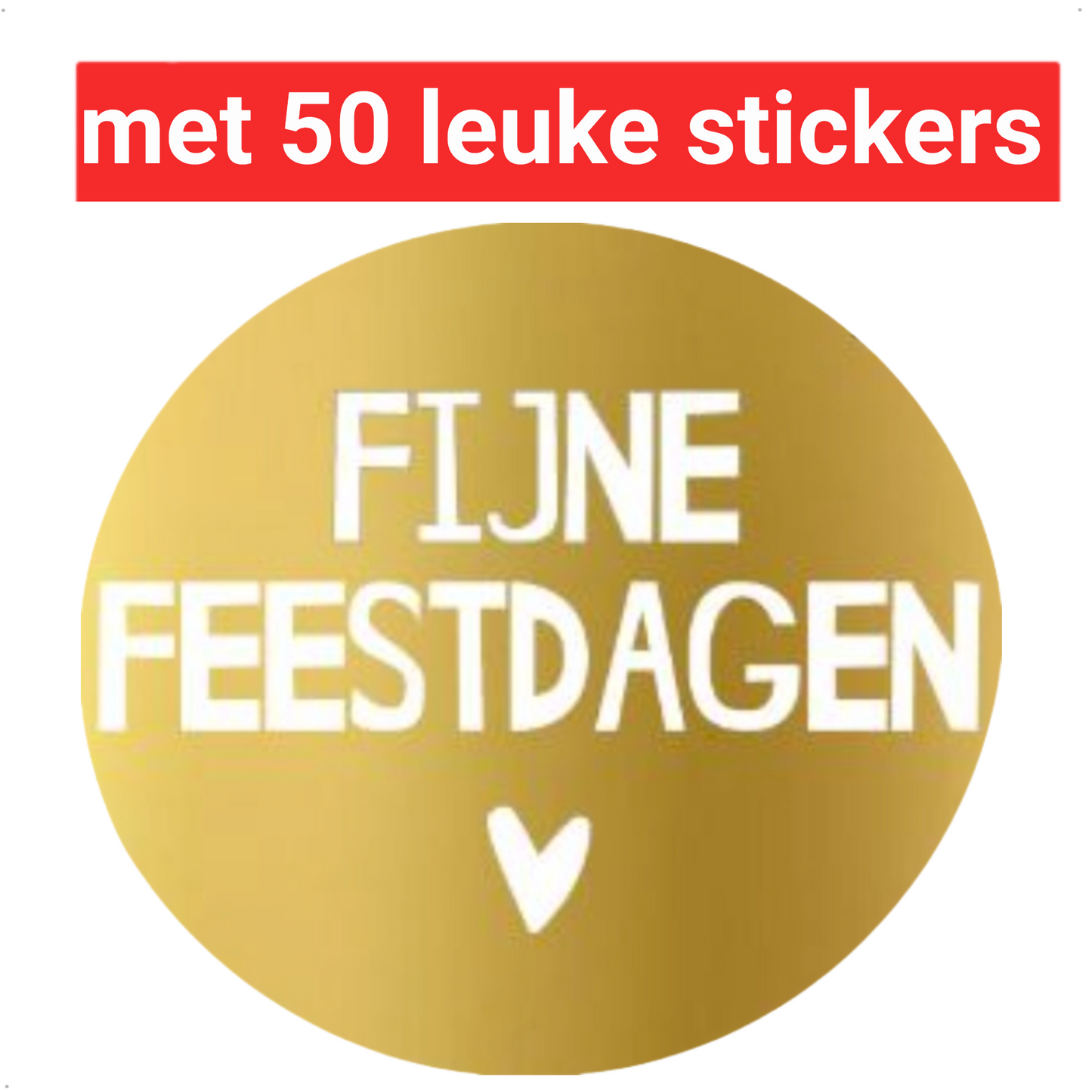 HGN papieren tasjes 50 stuks en 50 goudkleurige stickers met tekst "Fijne Feestdagen"-18x8x22 cm-Ideaal voor de kerst