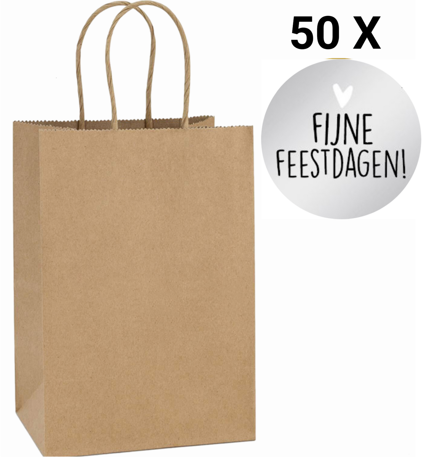 HGN papieren tasjes 50 stuks en 50 zilverkleurige stickers met tekst "Fijne Feestdagen"-18x8x22 cm-Ideaal voor de kerst