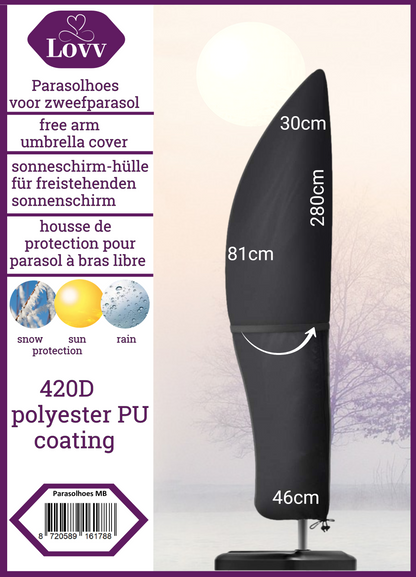 LOVV Parasolhoes 420D voor Zweefparasol-280x81cm-met Rits, Stok en Stormband-Waterdicht-Zwart