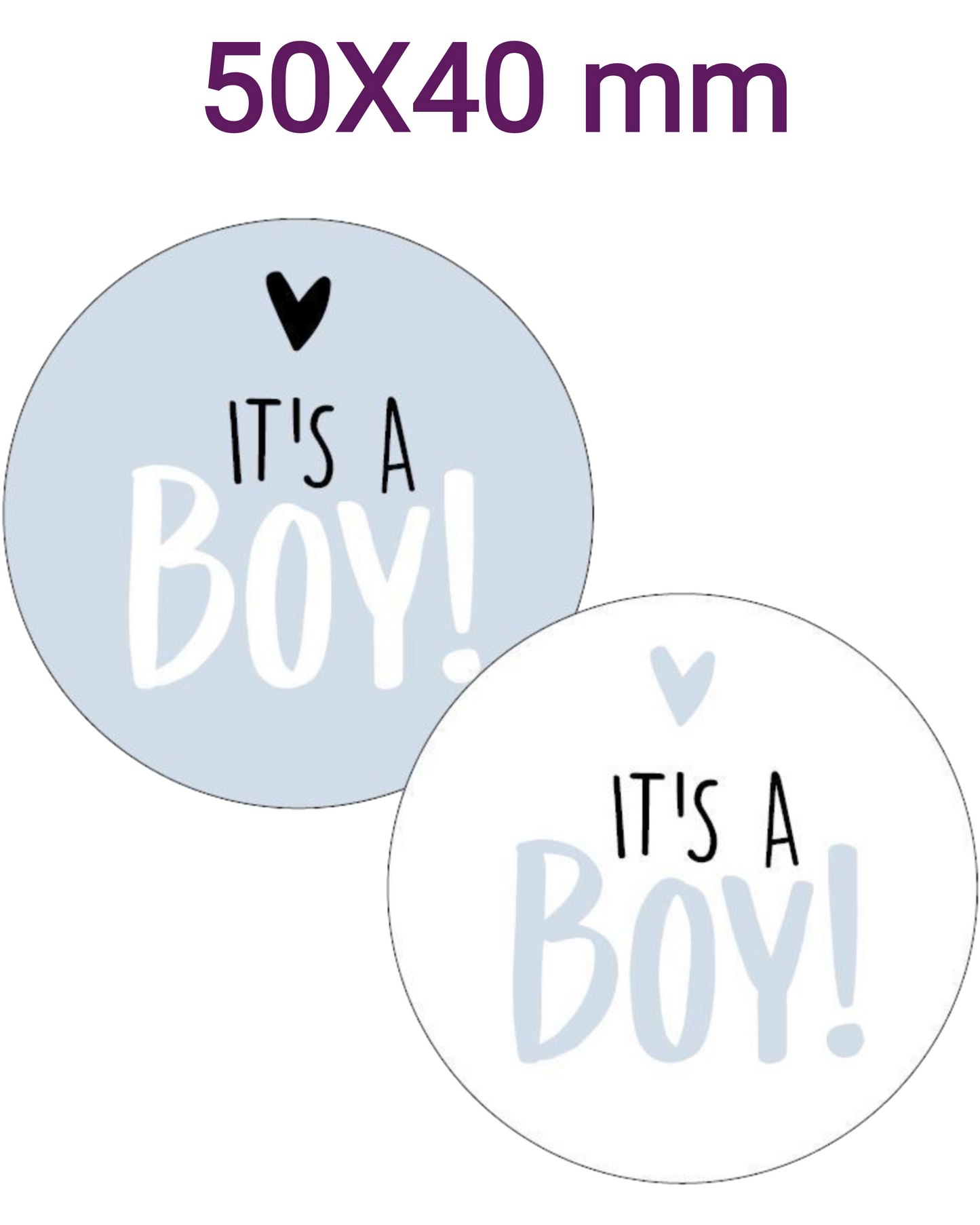 50 geboortestickers 40 mm, sluitstickers met tekst It`s a boy in 2 kleuren