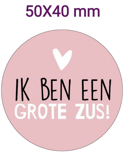 50 geboortestickers 40 mm, sluitstickers met tekst Ik ben een grote zus