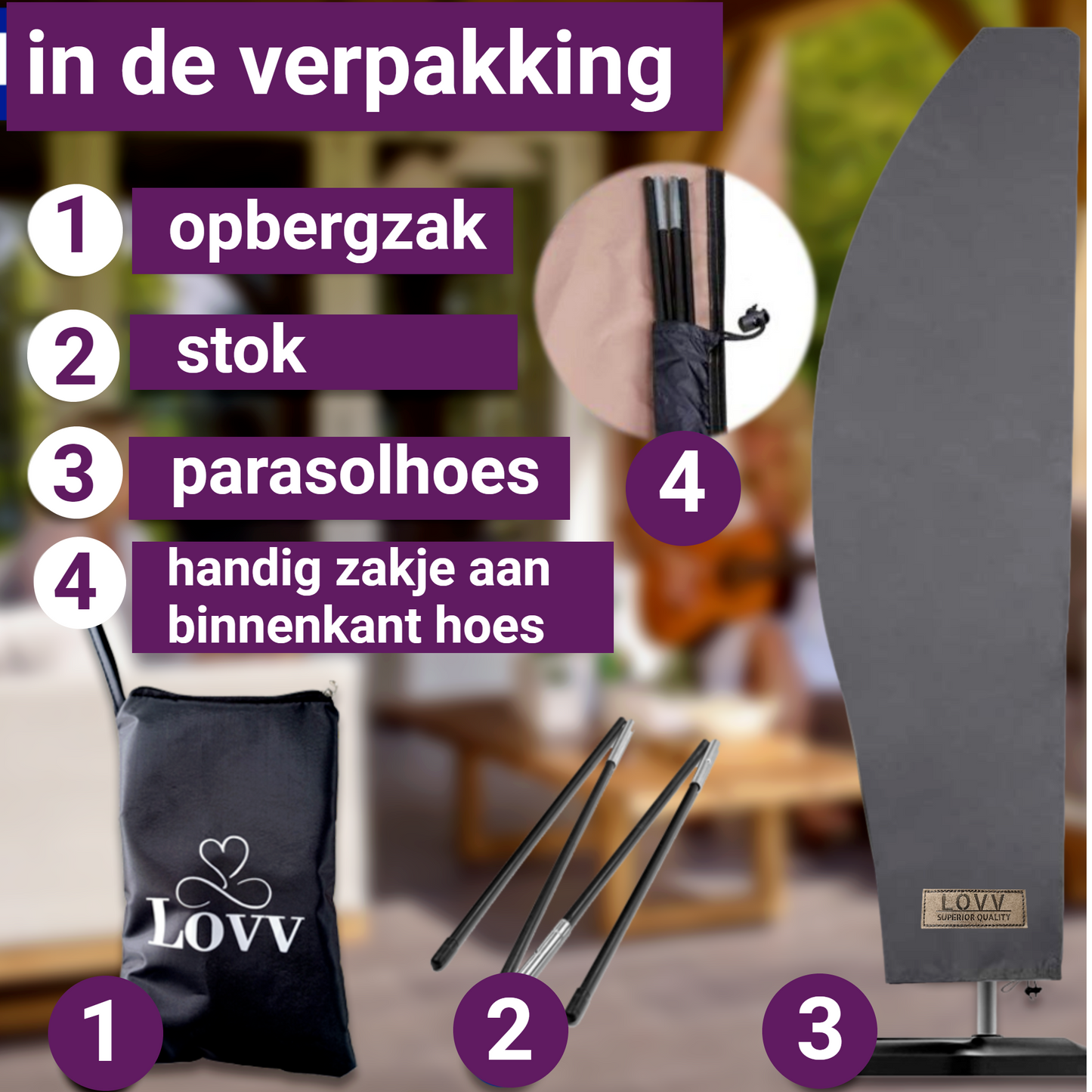 LOVV Parasolhoes 600D voor Zweefparasol-met Rits en Stok-Waterdicht-Grijs