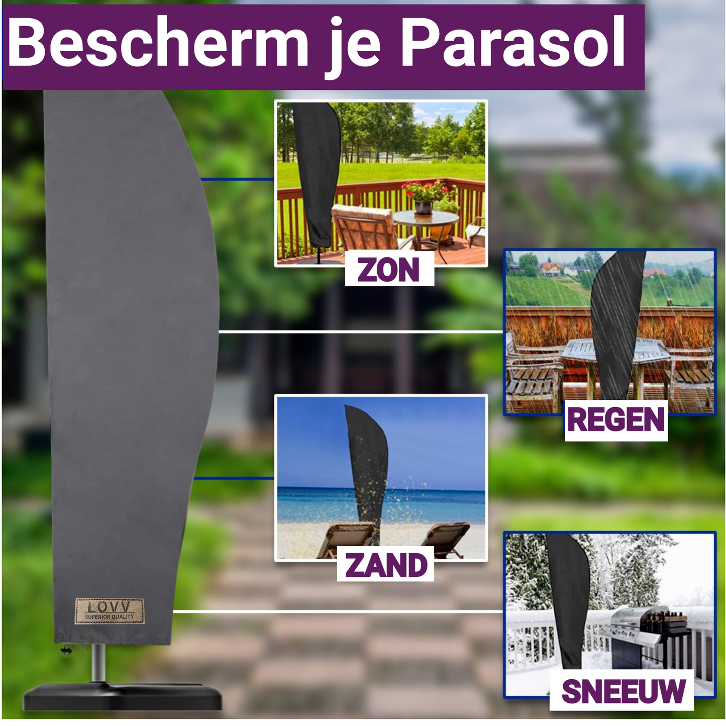 LOVV Parasolhoes 600D voor Zweefparasol-met Rits en Stok-Waterdicht-Grijs